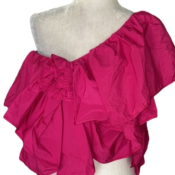 NWT Zara Fuschia Pink Voluminous Asymmetric One Shoulder Ruffled Crop Top - M - Picture 9 of 16